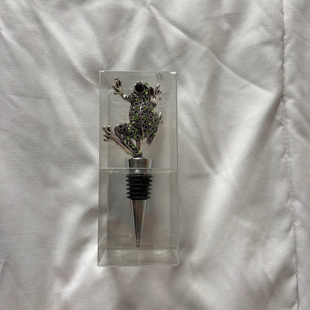 NWT Silver Frog Wine Bottle Stopper Green Rhinestone Crystal Barware Gift